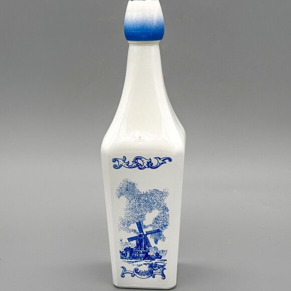 Vintage Vandermint Milk Glass Decanter Pair With Blue Windmill Design | Holland - Picture 6 of 8